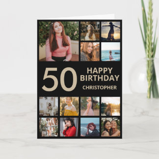 50th Birthday Photo Collage 13 Photos Black & Gold Card