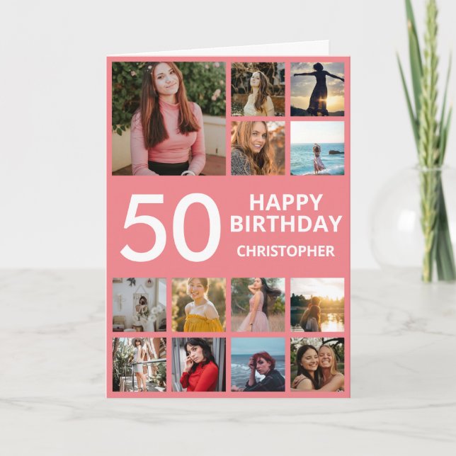 50th Birthday Photo Collage 13 Photos Pink & White Card (Front)