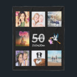 50th birthday photo collage black fleece blanket<br><div class="desc">A gift for a woman's 50th birthday,  celebrating her life with a collage of 8 of your photos.  Templates for a name,  age 50 and a date.  Date of birth or the date of the anniversary.  White and grey coloured letters.  Black coloured background.</div>