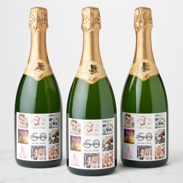 50th birthday photo collage cheers name sparkling wine label (Bottles)