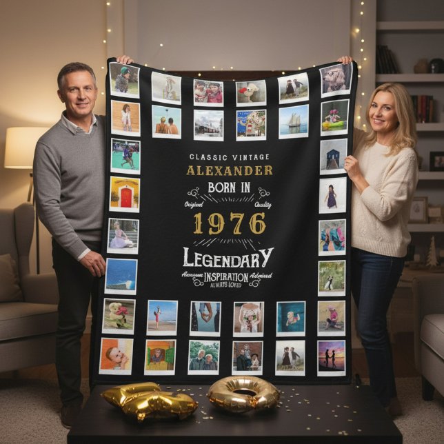 50th Birthday Photo Collage Father Grandfather Fleece Blanket (1976 fleece photo blanket held by a couple in a room.)
