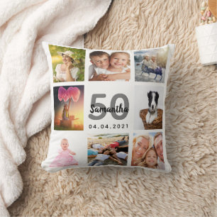 50th birthday photo collage woman white cushion