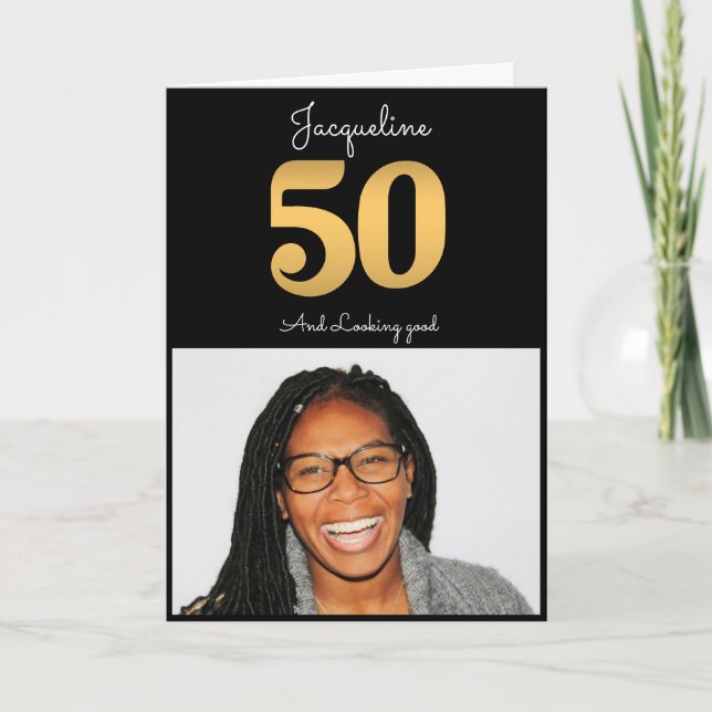 50th Birthday Photo Gold Modern Card (Front)