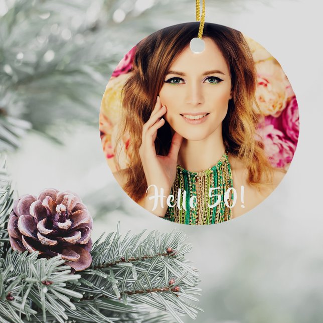 50th birthday photo hello 50 ceramic tree decoration (Creator Uploaded)