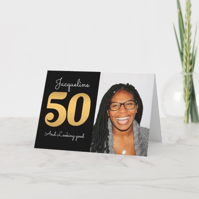 50th Birthday Photo Modern Gold Card (Front)