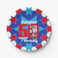 50th birthday photo name blue star paper plate