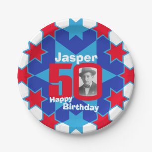 50th birthday photo name blue star paper plate