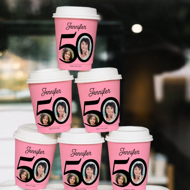 50th Birthday photo name personalised pink Paper Cups (Creator Uploaded)