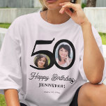 50th Birthday photo name personalised T-Shirt<br><div class="desc">Trendy bold typography 50 years woman birthday funny personalised light t-shirt template with 2 photos and modern retro style black script. Easy to customise with your text and pictures.</div>