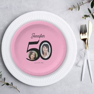 50th Birthday photo name personalized pink black Paper Plate