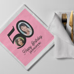 50th Birthday photo name pink black personalised Napkin<br><div class="desc">Trendy bold typography 50 years woman birthday funny personalised paper napkins template with 2 photos and modern retro style black script. Easy to customise with your text and pictures.</div>