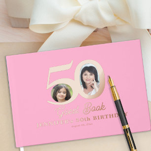 50th Birthday photo name pink rose gold Guest Book