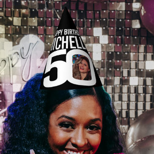 50th birthday photo personalised white black party hat