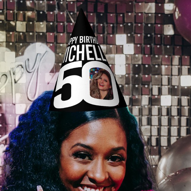 50th birthday photo personalised white black party hat (Creator Uploaded)