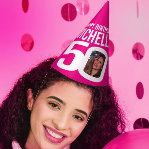 50th birthday photo personalised white hot pink party hat