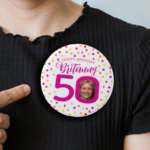 50th birthday photo pink golden yellow confetti 3 cm round badge