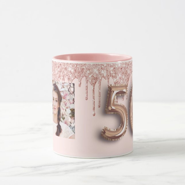 50th birthday photo pink rose gold drips mug (Center)