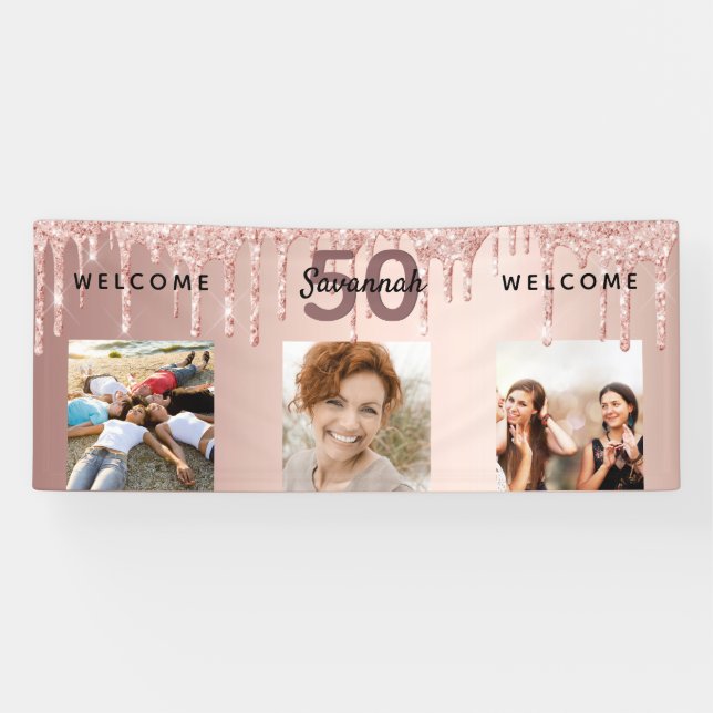 50th birthday photo rose gold drips banner (Horizontal)