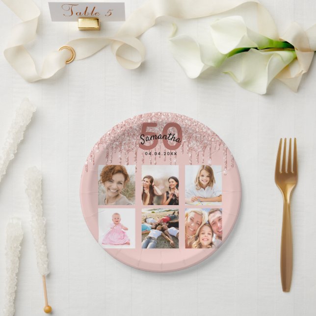 50th birthday photo rose gold pink drips paper plate (Wedding)