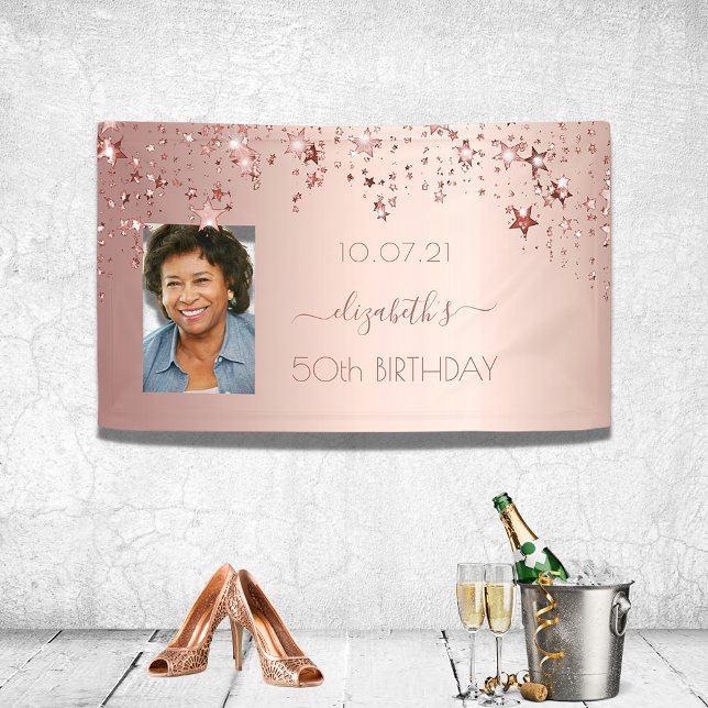 50th birthday photo rose gold pink glittery stars banner (Creator Uploaded)