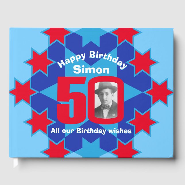 50th birthday photo star red blue guest book (Front)