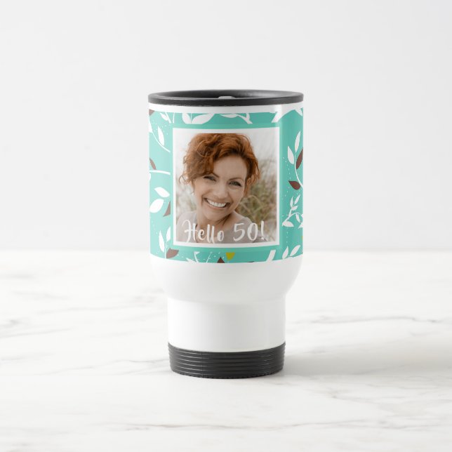 50th birthday photo teal botanical retro travel mug (Center)