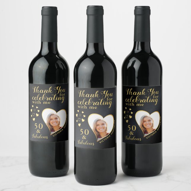 50th Birthday Photo Thank You Black and Gold Wine Label (Bottles)