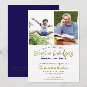 50th Birthday Photograph Gold Blue Invitation