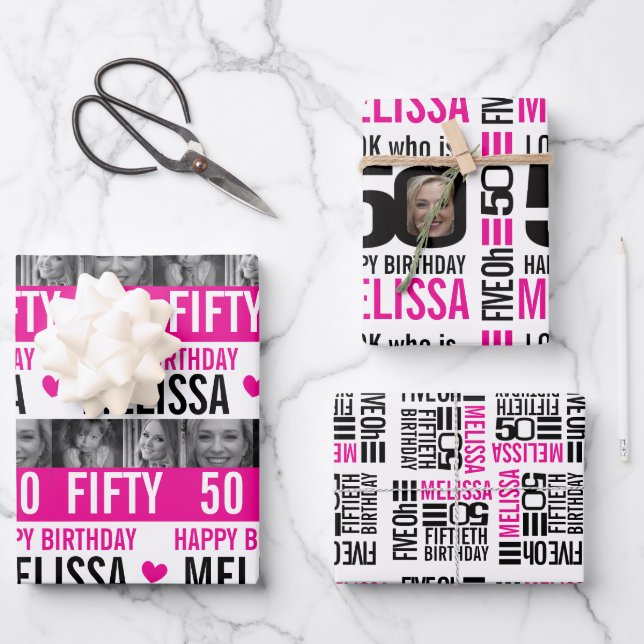 50th birthday photos black white hot pink wrapping paper sheet (Front)