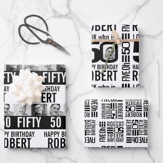 50th birthday photos mono black white wrapping paper sheet (Front)