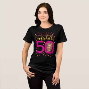 50th birthday photos pink yellow confetti dots Tri-Blend shirt