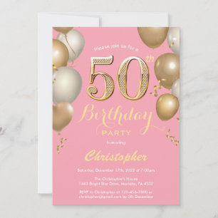 50th Birthday Pink and Gold Balloons Confetti Invitation