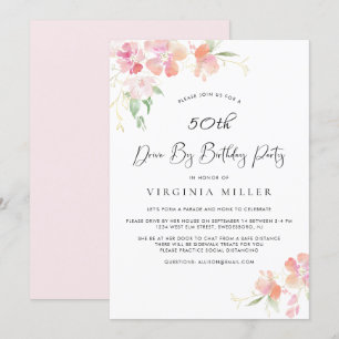50th Birthday Pink and Gold Floral Drive By Party Invitation