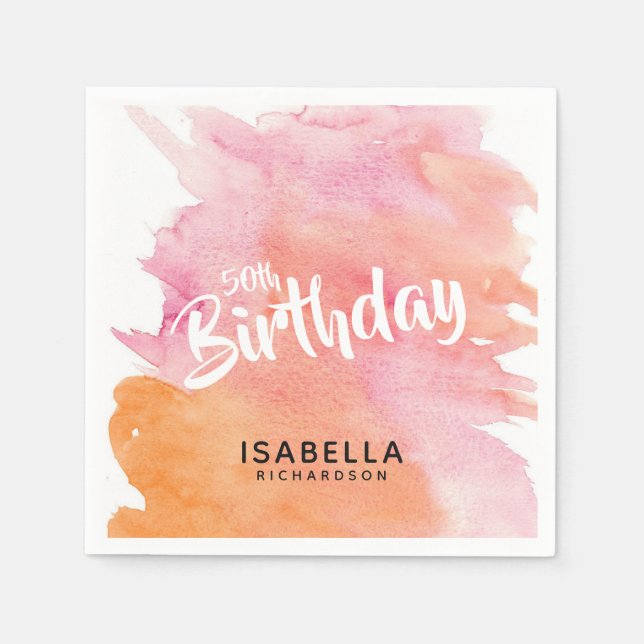 50th Birthday Pink and Orange Watercolor Paper Napkin (Front)
