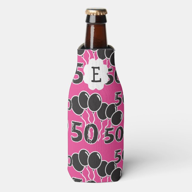 50th Birthday PINK BLACK Monogrammed Personalised Bottle Cooler (Bottle Front)