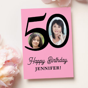 50th birthday pink black photo personalised card