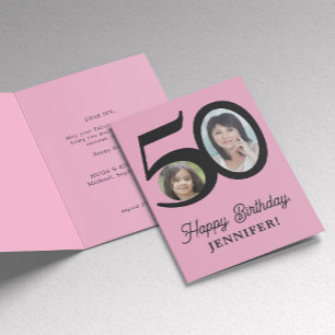 50th birthday pink black photo personalised card