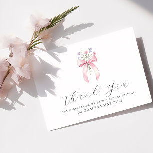 50th Birthday Pink Bow Wildflower Custom Flat Thank You Card