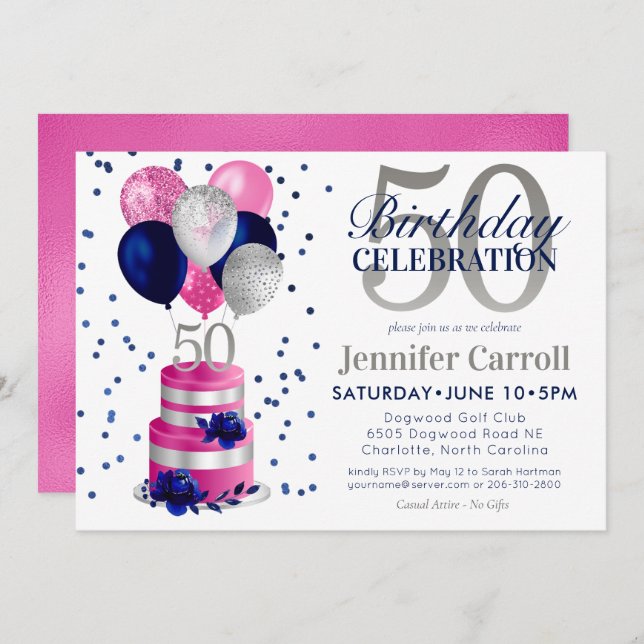 50th Birthday Pink Cake Invitation (Front/Back)