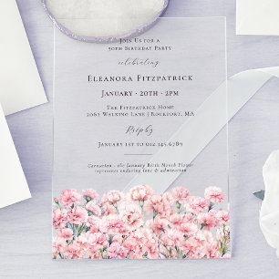 50th Birthday Pink Carnation January Birth Flower Acrylic Invitations