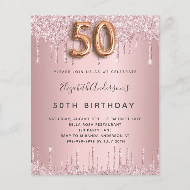 50th Birthday pink dusty rose drips invitation  (Front)