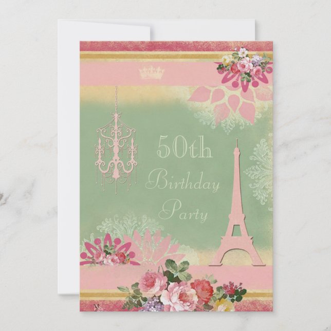 50th Birthday Pink Eiffel Tower and Chandelier Invitation (Front)