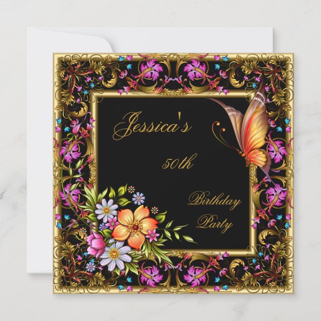 50th Birthday Pink Floral Butterfly Gold Black Invitation (Front)