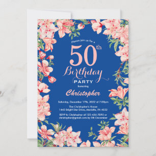 50th Birthday Pink Floral Flowers Blue Invitation