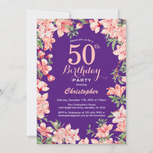 50th Birthday Pink Floral Flowers Purple Violet Invitation