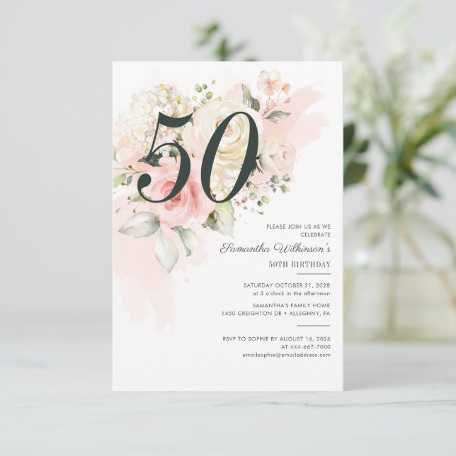 50th Birthday Pink Floral Greenery Botanical Invitation (Standing Front)