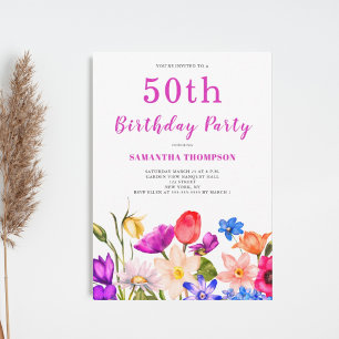 50th Birthday Pink Floral  Invitation