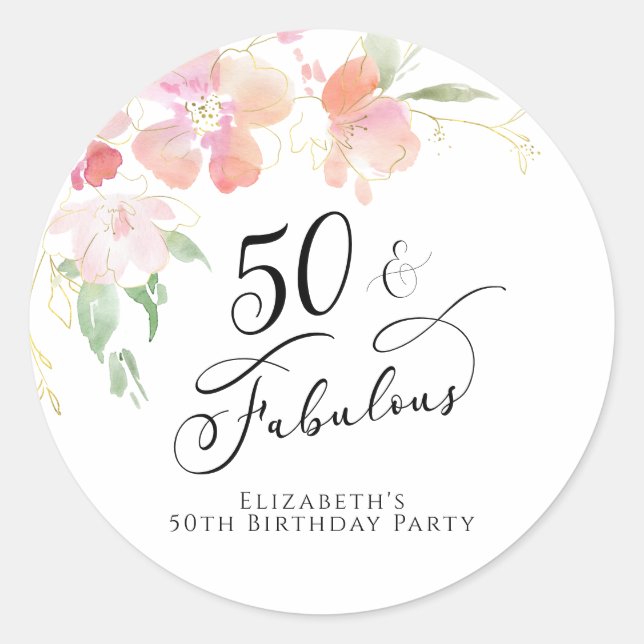 50th Birthday Pink Floral Watercolor Classic Round Sticker (Front)