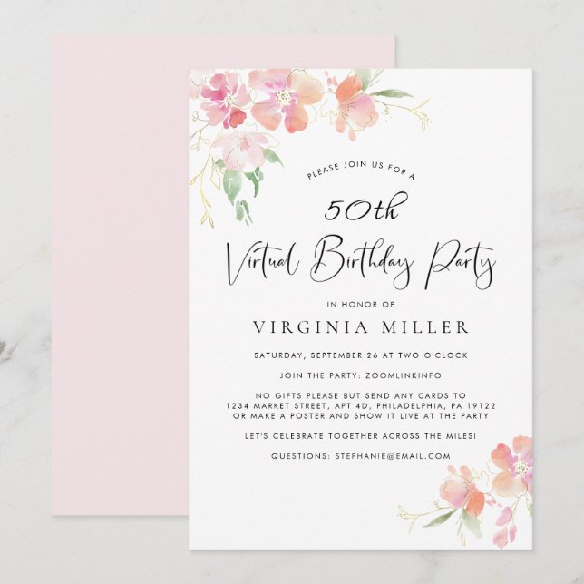 50th Birthday Pink Floral Watercolor Virtual Party Invitation (Front/Back)