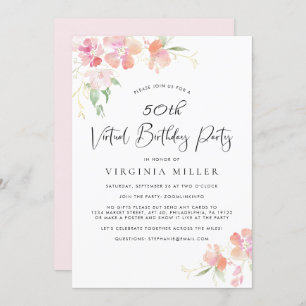 50th Birthday Pink Floral Watercolor Virtual Party Invitation